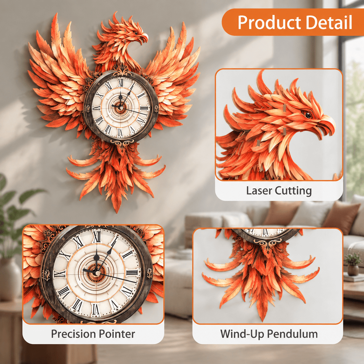 Fire Phoenix Wooden 3D Puzzle Clock DIY Model Kit for Adults