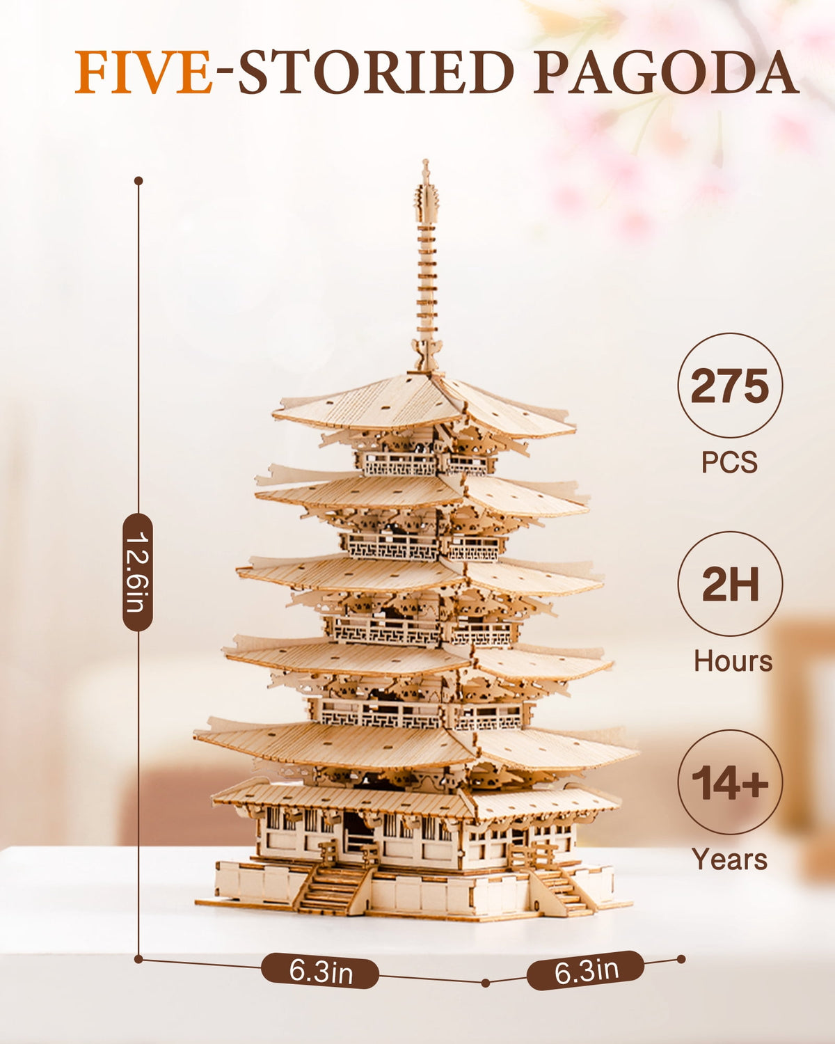 Robotime Wooden 3D Puzzle for Adult to Build, Five-storied Pagoda Model Building Kit, 275PCS DIY Puzzle Toys Craft Kits, Gifts for Kids Adults