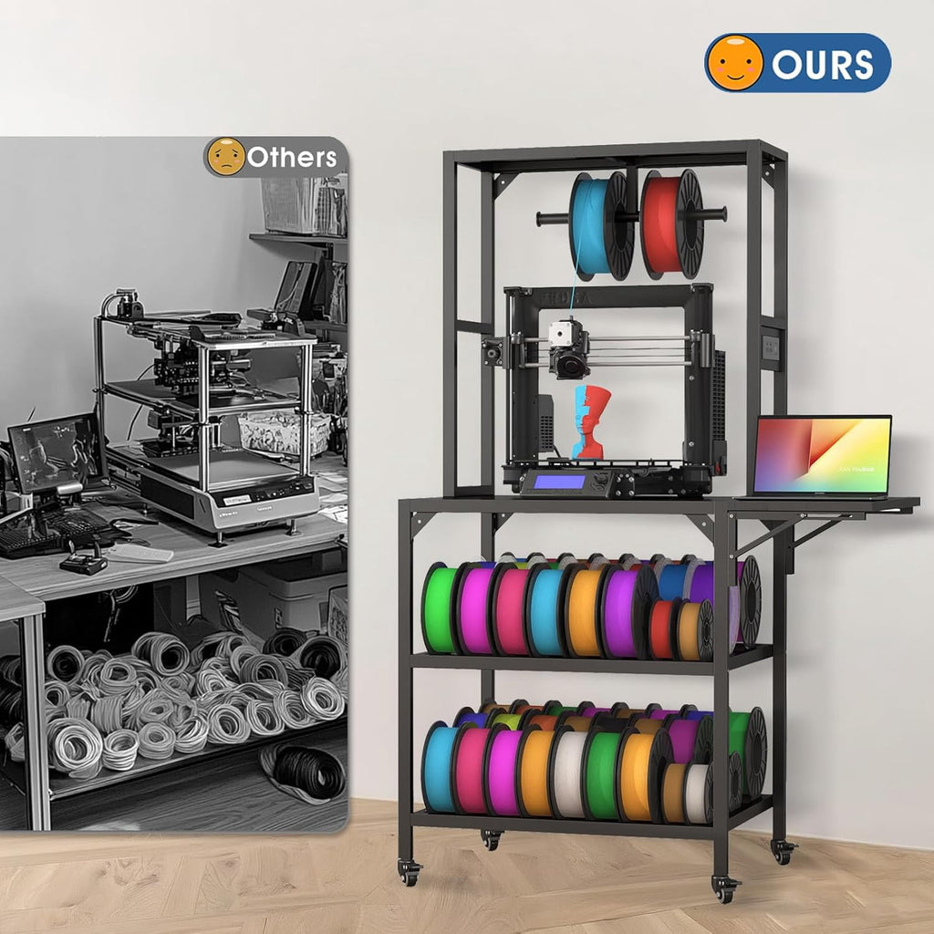 Black Metal 3D Printer Stand with Storage Rack, Wheels, and T-Shaped Spool Holder, 28.7x23.2x65.4 in