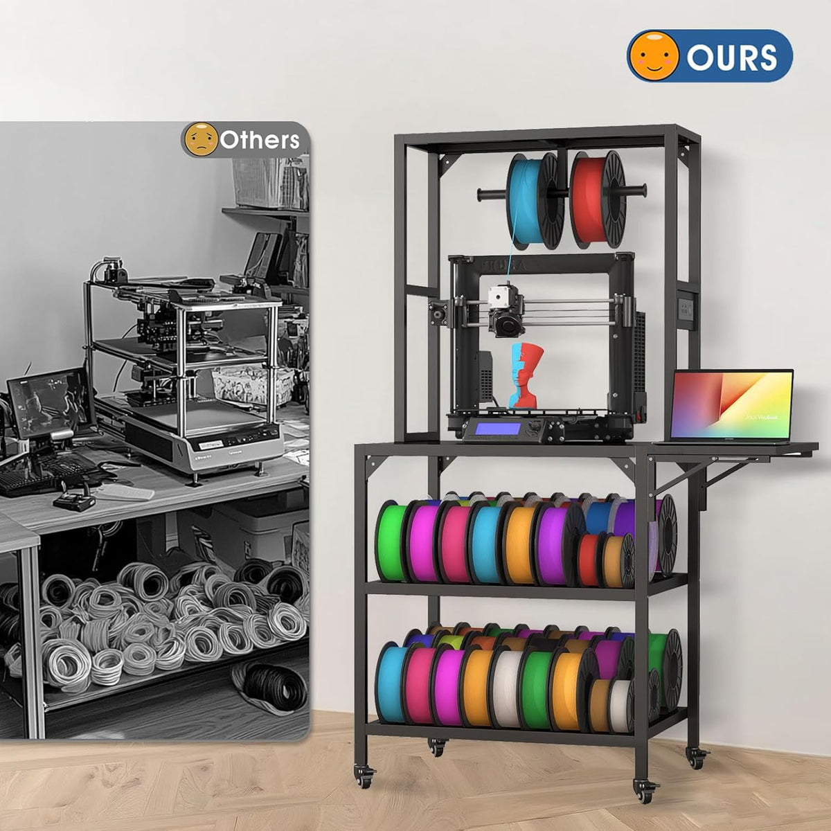 Black Metal 3D Printer Stand with Storage Rack, Wheels, and T-Shaped Spool Holder, 28.7x23.2x65.4 in