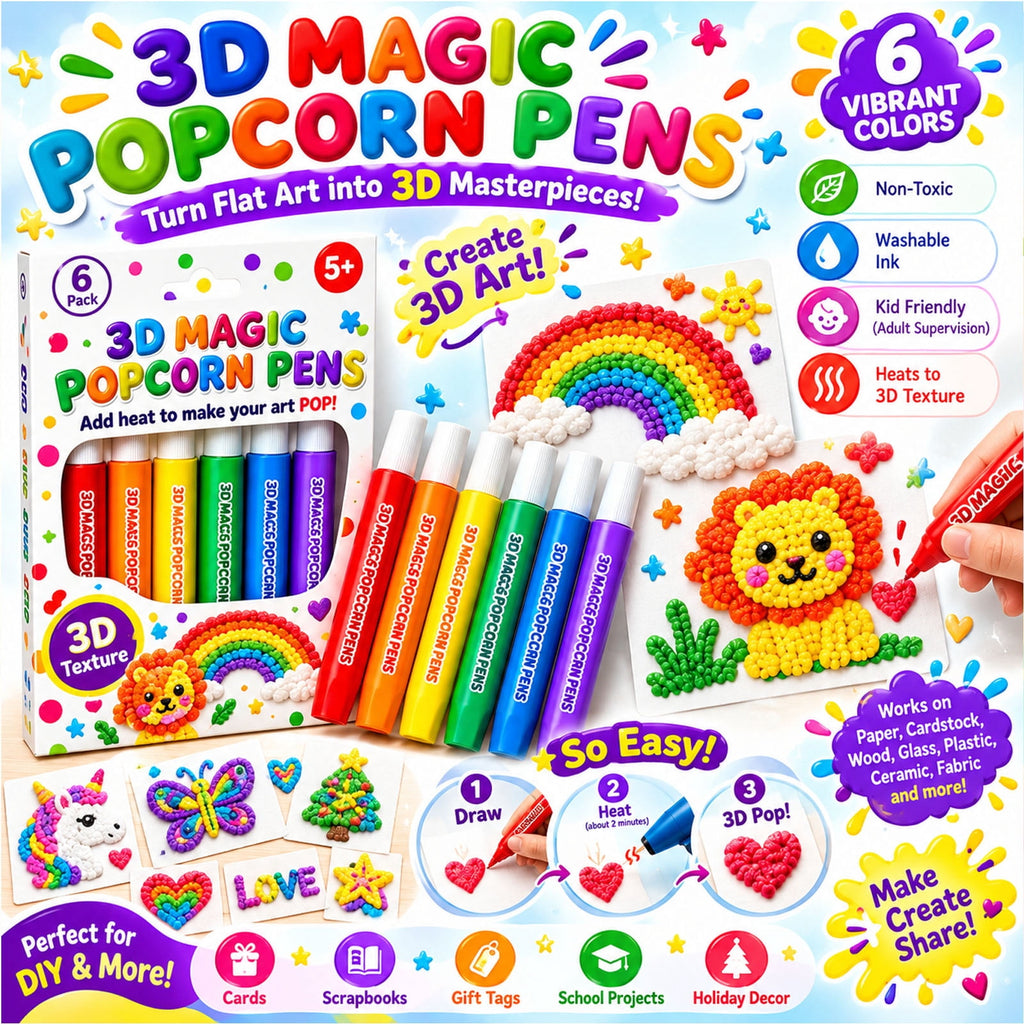 Magic 3D Popcorn Pens,DIY Bubble Popcorn Drawing Pen , Bubble Popcorn Drawing Pens for 3D Bubble Art, Greeting Birthday & Christmas Cards