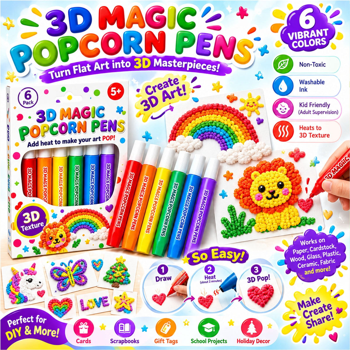 Magic 3D Popcorn Pens,DIY Bubble Popcorn Drawing Pen , Bubble Popcorn Drawing Pens for 3D Bubble Art, Greeting Birthday & Christmas Cards