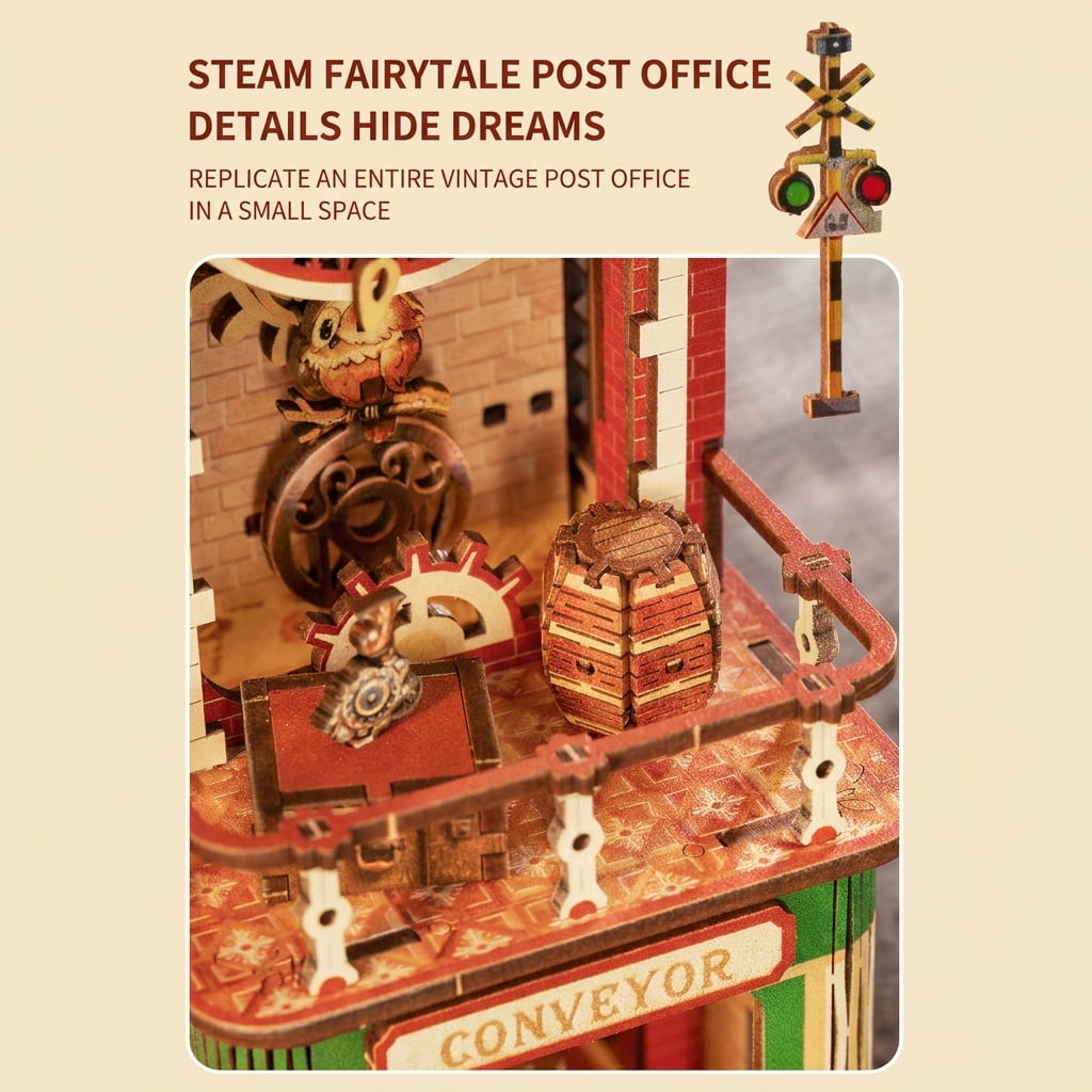 3D Wooden Puzzle Time Post Office Model Art & Craft Kits, DIY Assemble Miniature House Display Model