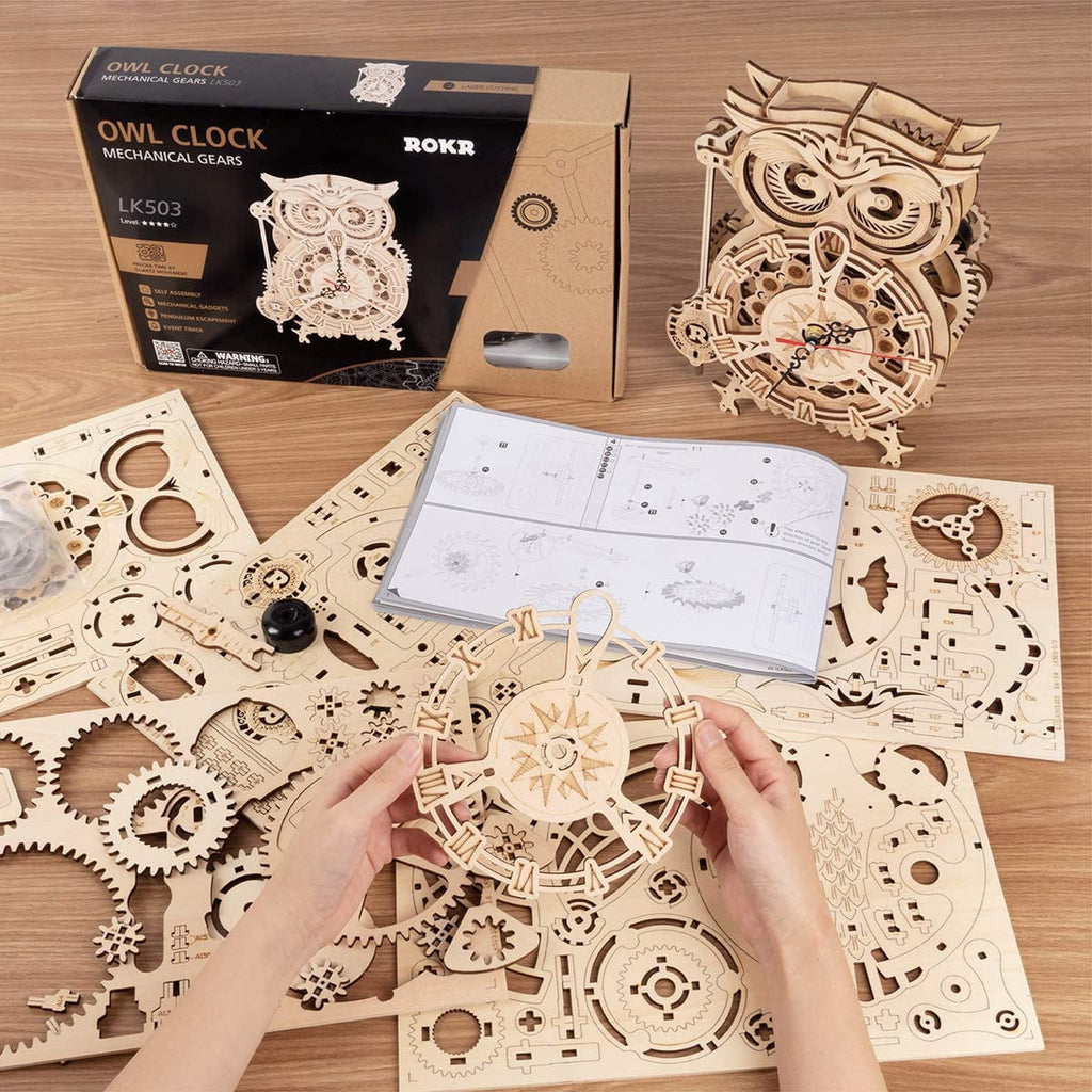 ROKR 3D Puzzle Owl Clock - Mechanical Model Building Kit for Adults 161PCS Clock Creative Gift Home Decor for Family