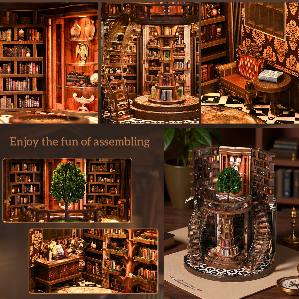 Structwood DIY Book Nook Kit Wisdom Rings Book Repository Wooden Puzzle 3D Miniature Doll House Model with Sensor LED Lights Gift for Adults(AH01-005)