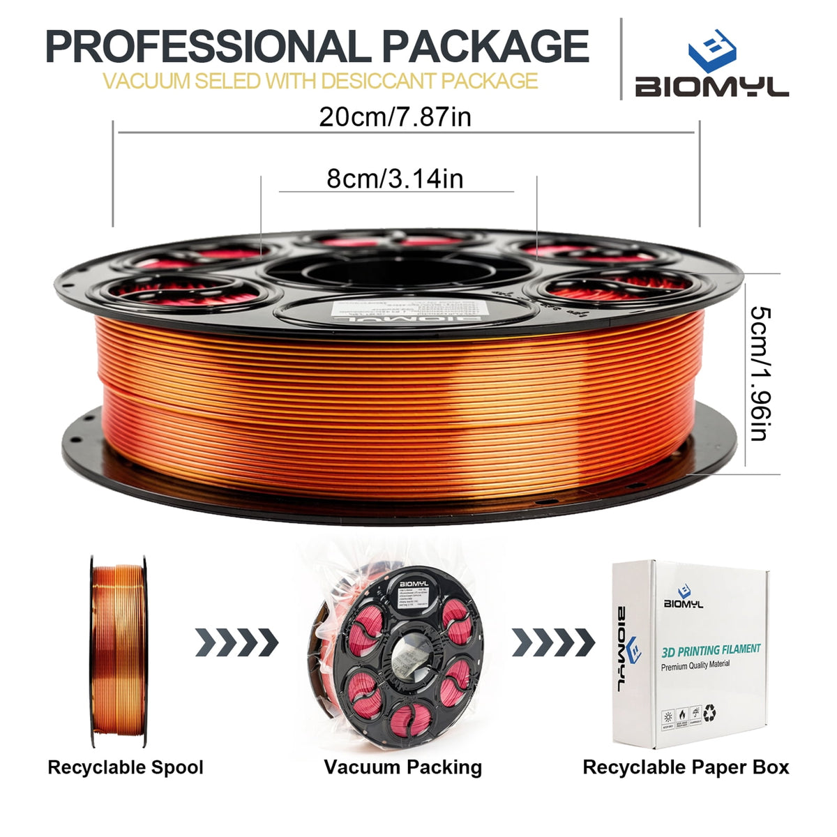 BIOMYL PLA 3D Printer Filament, PLA Filament 1.75mm Metal Gradient Color silk PLA, Tri Gold/Silver/Copper, 1kg Spool, Accuracy +/- 0.03mm
