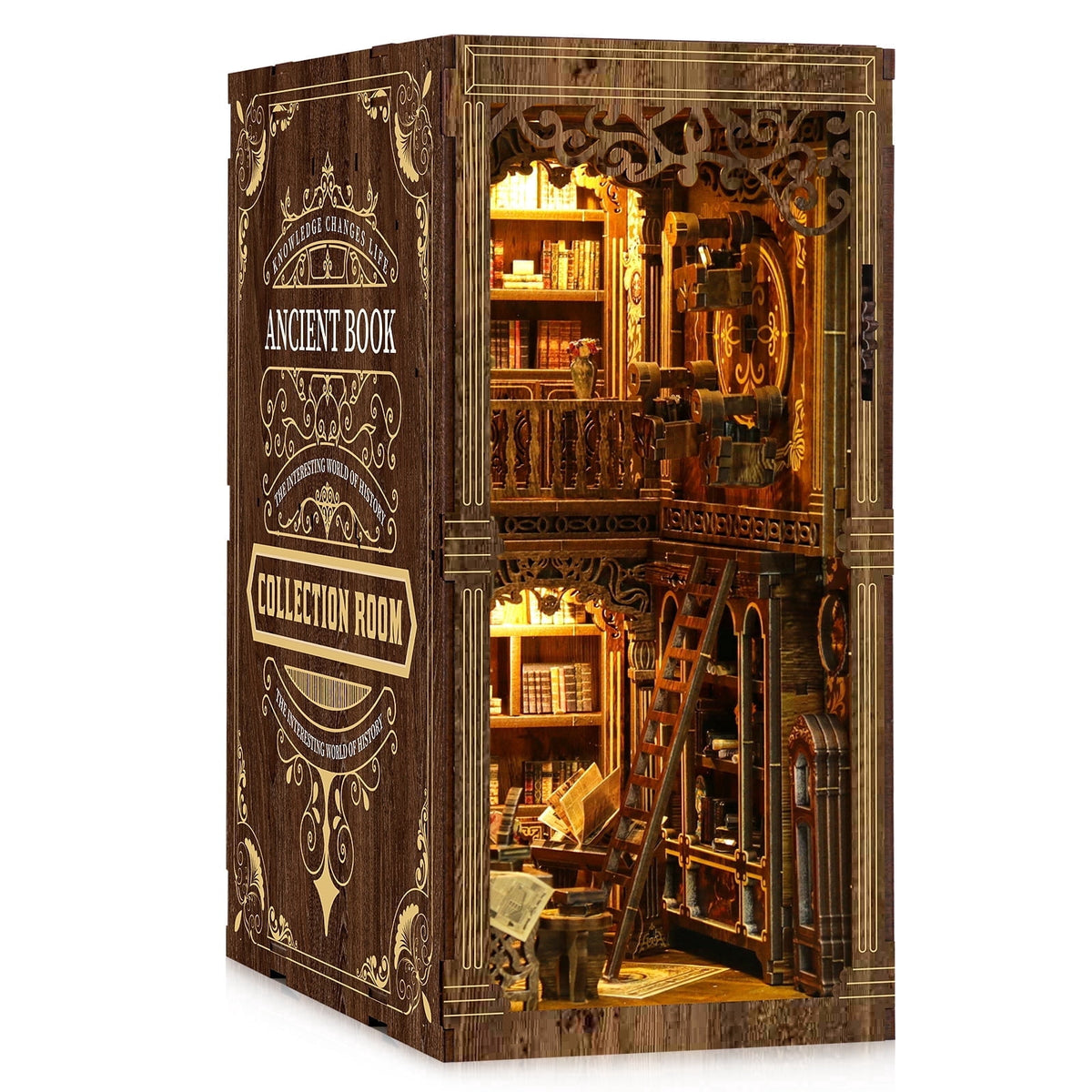 Book Nook Kit for Adults, 3D Wooden Puzzle with LED Light, Ancient Book Collection Model Bookshelf Decor, DIY Miniature MDF Bookshelf Craft Decor