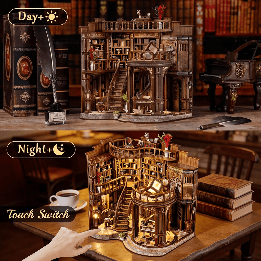 Feuymoent DIY Miniature Dollhouse Book Nook Kit, 3D Wooden Puzzle Book Nook Craft Bookshelf Decor, Adult Craft Kits Gift with Led Light
