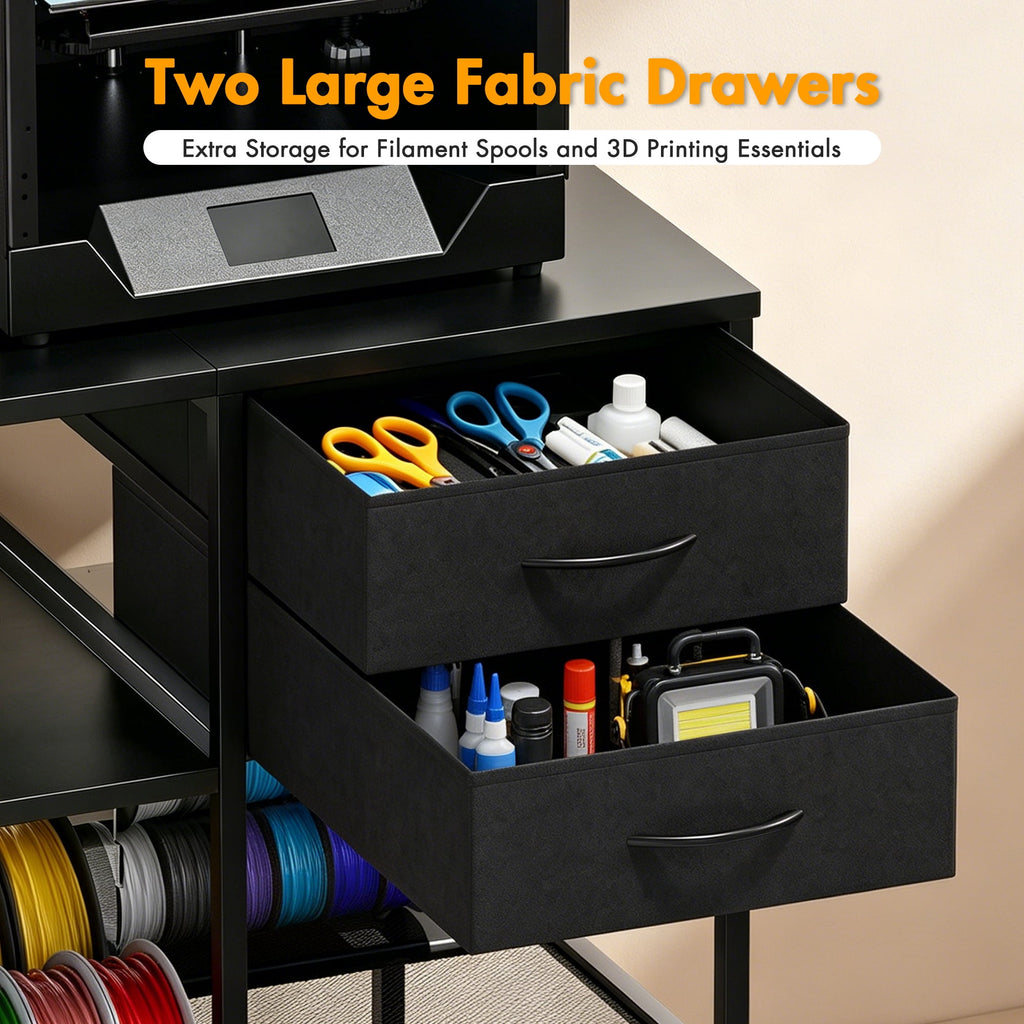 Advwin 47" Heavy Duty 3D Printer Stand with Power Outlet, Pull-Out Rolling Filament Storage Rack, 2 Fabric Drawers & Open Shelves, 3D Printer Table Workstation for Home Office Studio, Black
