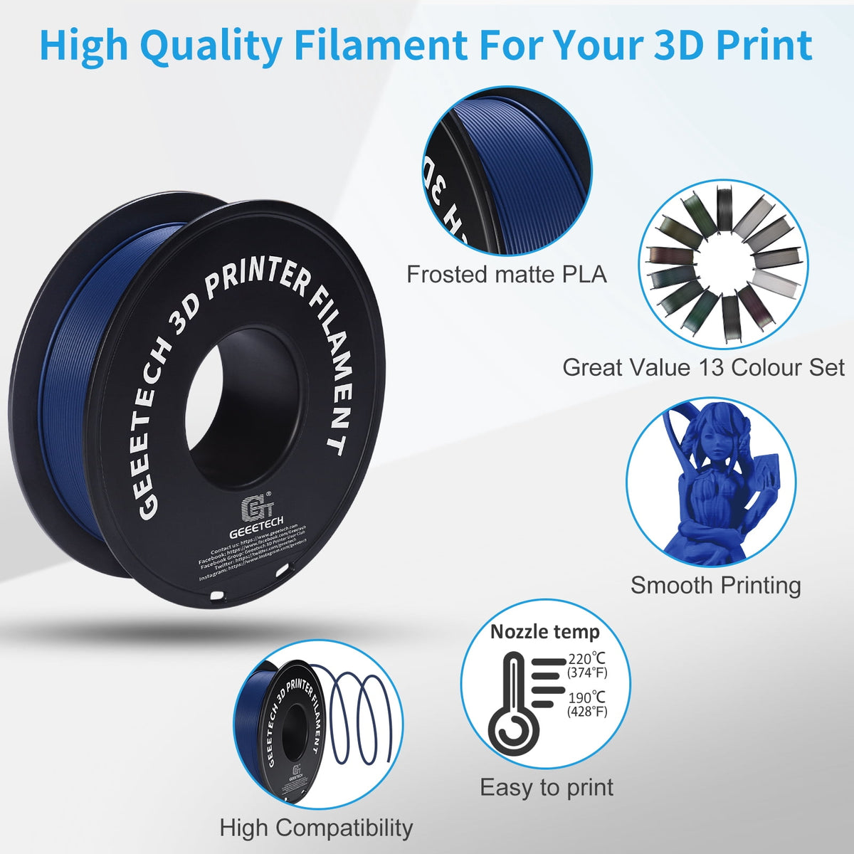 Geeetech navy blue Matte PLA Filament Matte 1KG, 1.75mm 3D Printer Filament Dimensional Accuracy +/- 0.01mm, 1kg Carboard Spool (2.2lbs) for Most FDM 3D Printers