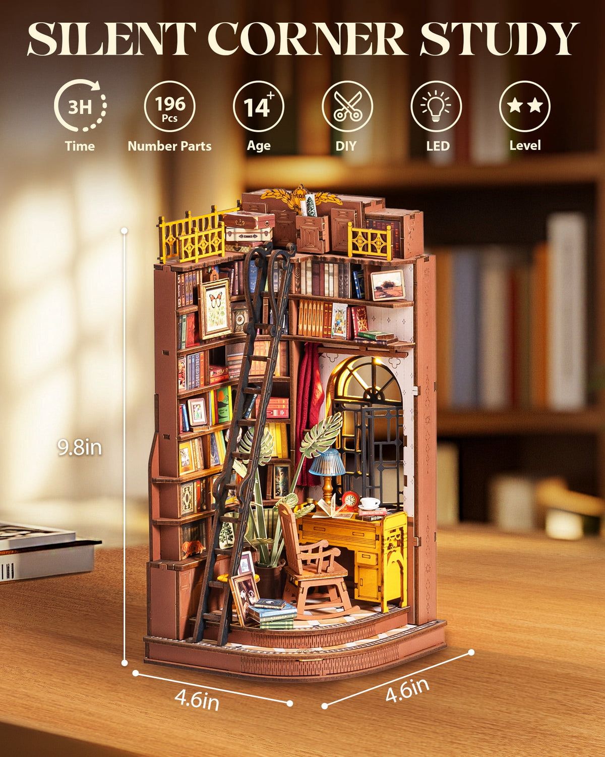 Robotime 3D Puzzle Book Nook Kit, Diy Wooden Miniature House with LED Light, Silent Corner Study
