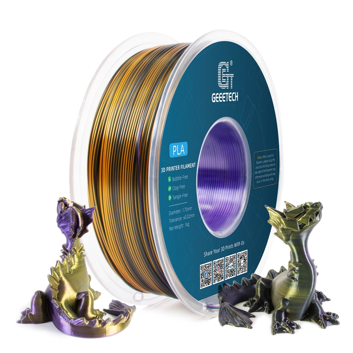 Geeetech Anti-silk type 3D Printer PLA Filament 1kg Toughness Enhanced Filament with 1.75mm Dimensional Accuracy +/-0.03mm, 1080 Feet per Roll, Vacuum Packaging Three-color blue, purple and black
