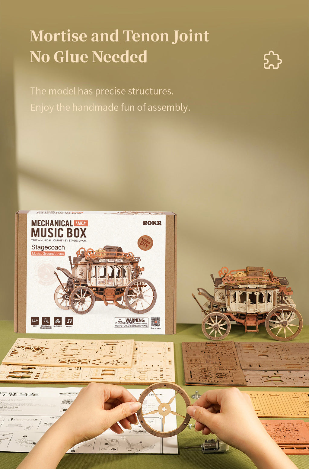 Robotime 3D Wooden Puzzles for Adults Music Box Model Car Stagecoach Toys Gift for Teens Adult
