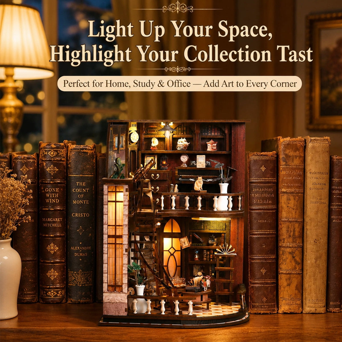 MOJINO Bacchus Bookstore Book Nook Kit for Adults, DIY Miniature House Kit with LED Light, 3D Wooden Puzzle Bookshelf Decor, Vintage Craft Kit