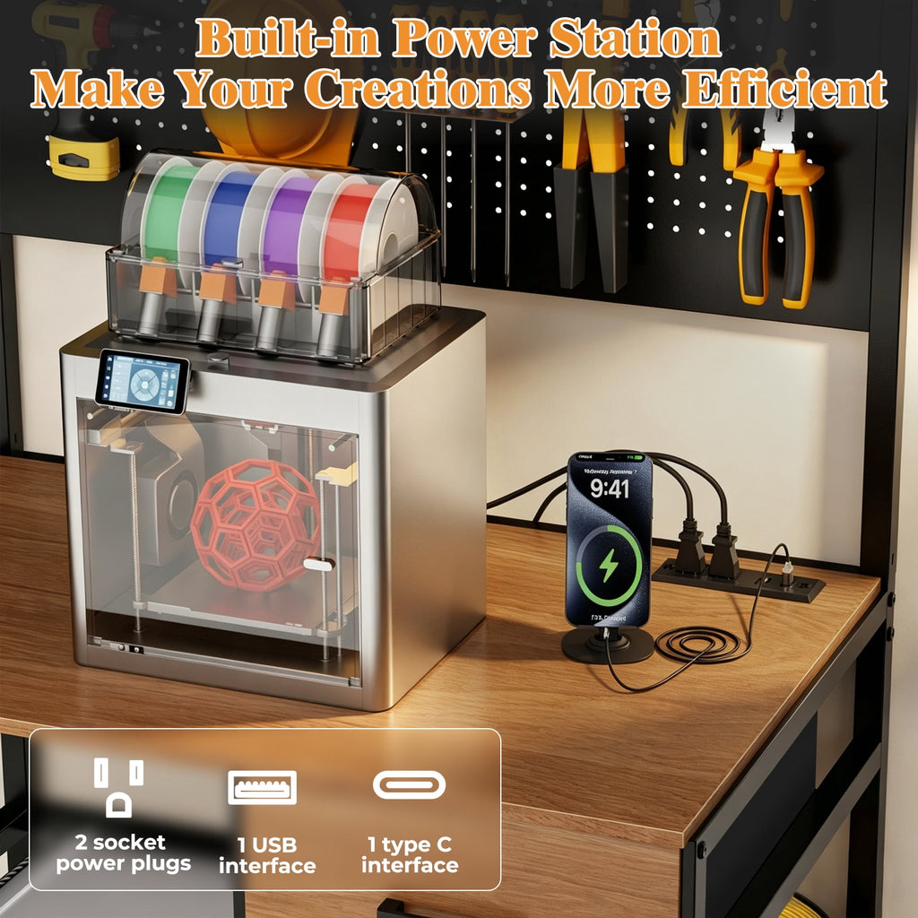 Jivora 37.80" 3D Printer Stand with Filament Storage, Workstation Table with Drawer and Pegboard