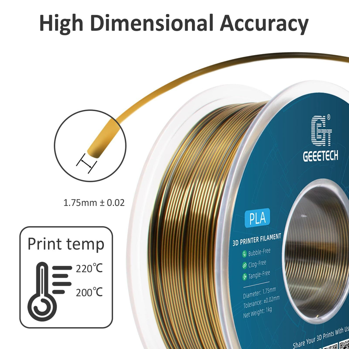 Geeetech Anti-silk type 3D Printer PLA Filament 1KG Toughness Enhanced Filament with 1.75mm Dimensional Accuracy +/-0.03mm, 1080 Feet per Roll, Vacuum Packaging Two-tone gold copper
