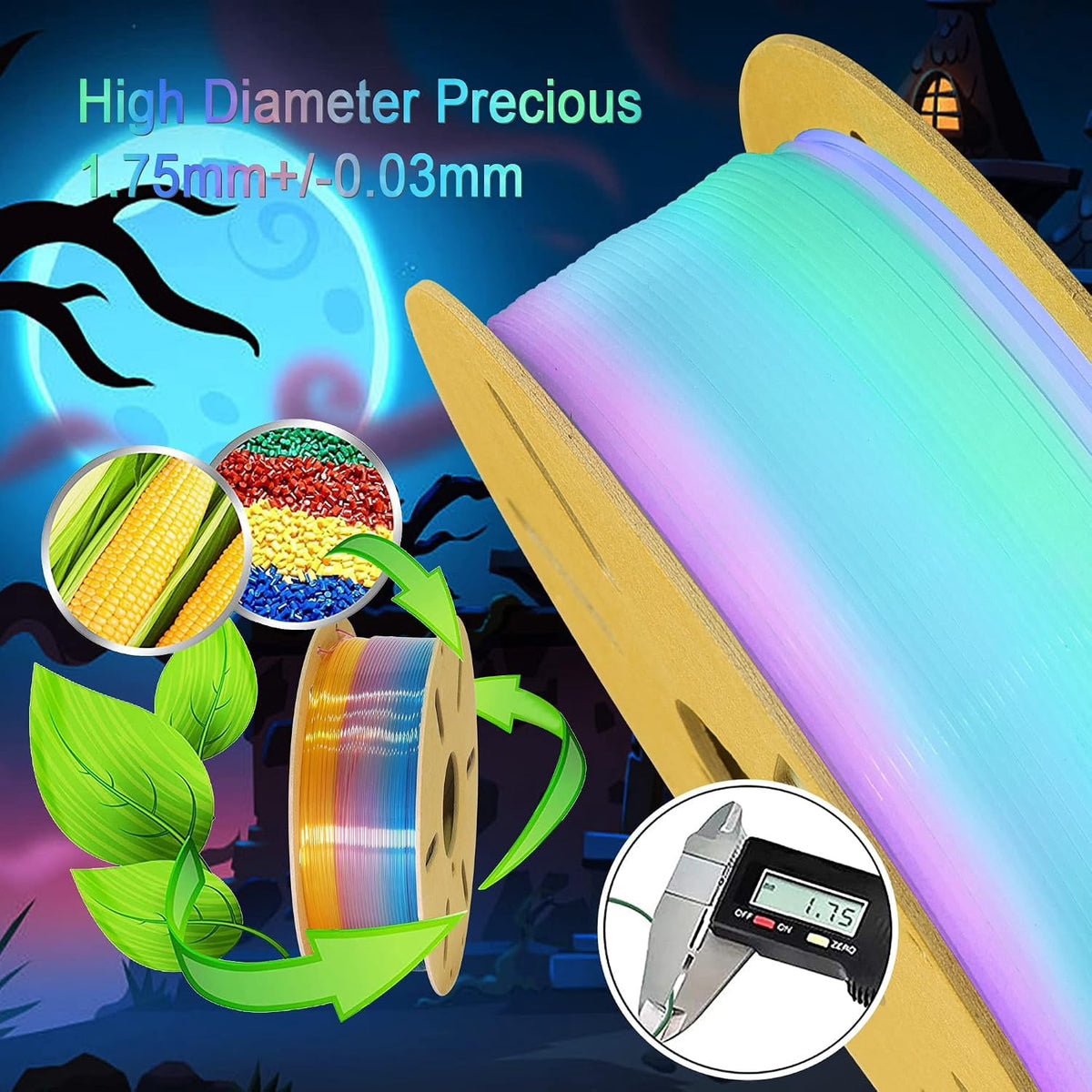 Glow in Dark Fast Color Change Rainbow PLA 3D Printing Filament, Tidy Winding 1.75mm PLA, Widely Fit for 3D Printer; 1KG 2.2LBS Cardboard 3D Printing Material, Glowing in Dark Multi Colored