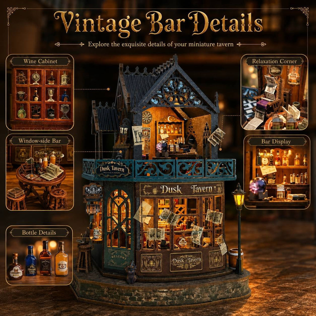 Twilight Tavern DIY Miniature House Kit – Wooden 3D Puzzle with LED Lights, Creative Building Model & Relaxing Craft Gift