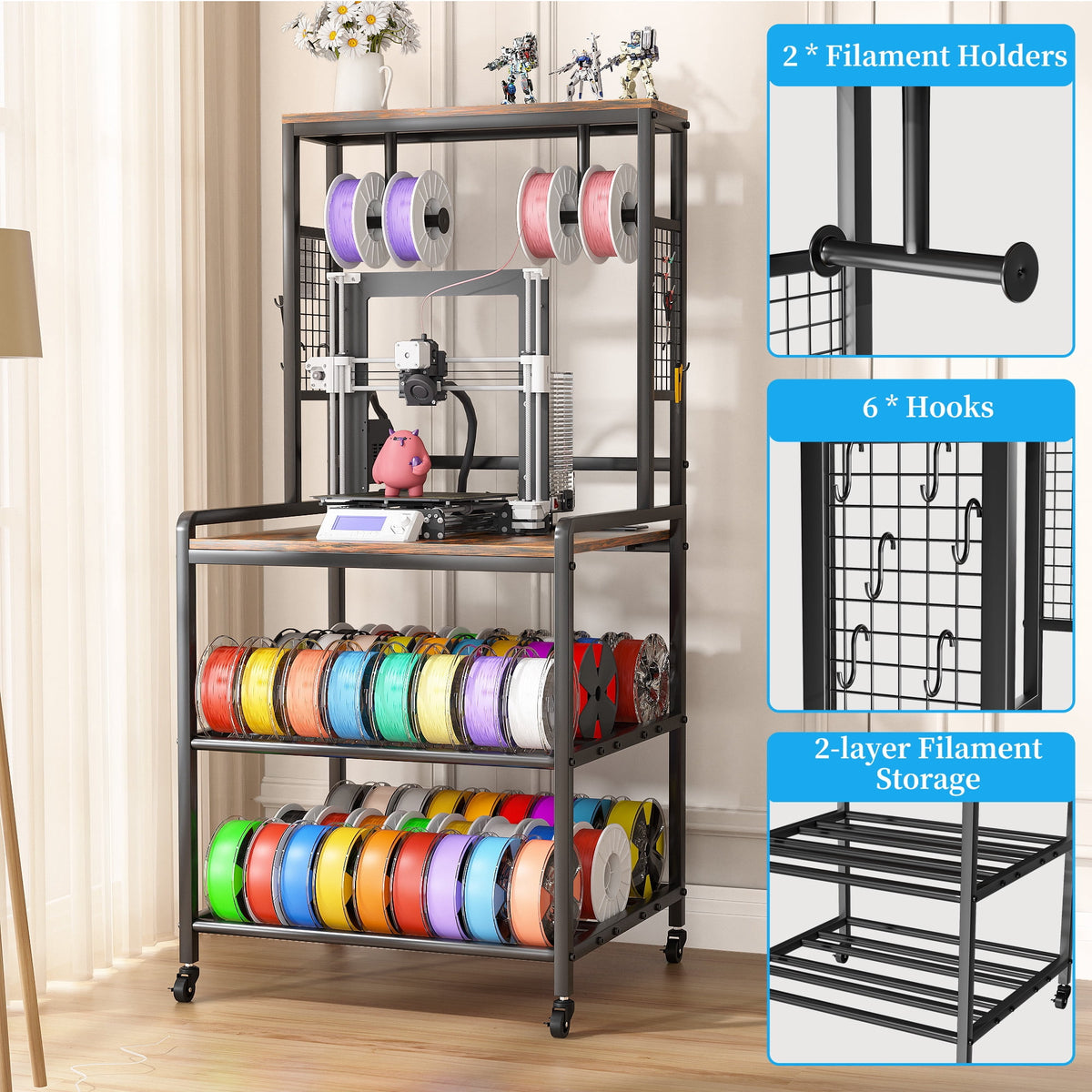 Heavy Duty 3D Printer Stand with Storage Shelf and Drawer, Industrial Rolling Printer Rack for 3D Printer Filament and Tools, Sturdy Metal Frame Printer Table for Home Office Workshop