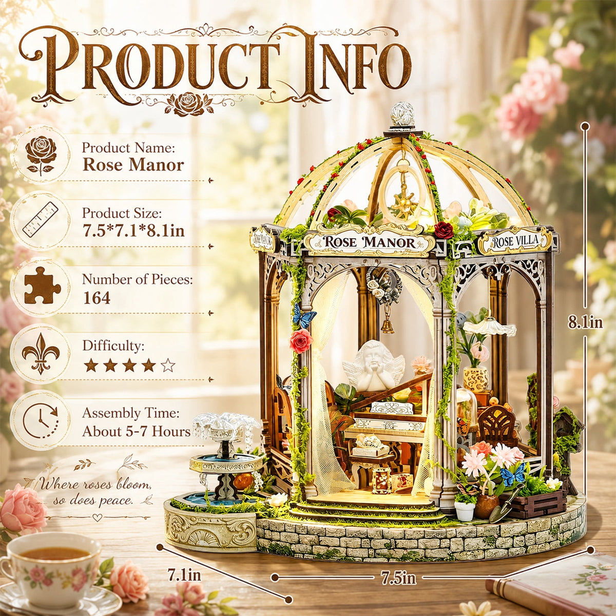 MOJINO Wooden DIY Miniature House Kit with LED Lights, Book Nook Kit for Adults, 3D Wooden Puzzle Miniature House Kit, Romantic Garden Style, Pre-Cut Craft Model Gift for Ages 14+