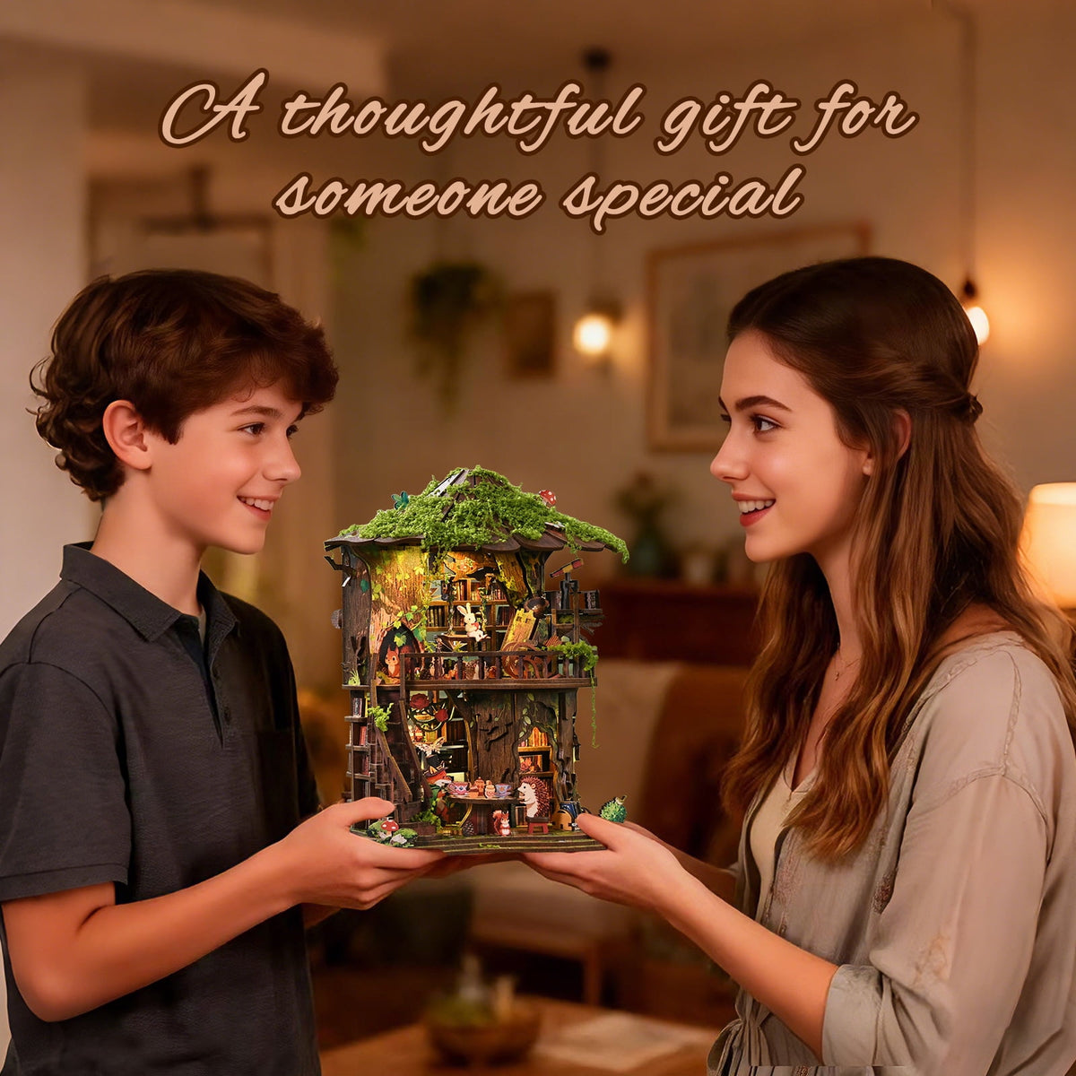 DIY Book Nook Kit with LED Light,Forest Tea Book Club Miniature House Bookshelf Insert Decor, 3D Wooden Puzzle Dollhouse Craft Kit for Adults Teens, Book Lover Gift