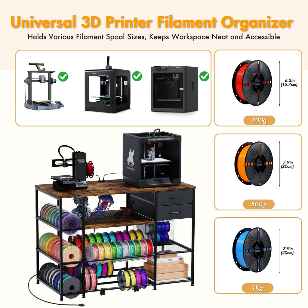Advwin 47" Heavy Duty 3D Printer Stand with Power Outlet, Pull-Out Rolling Filament Storage Rack, 2 Fabric Drawers & Open Shelves, 3D Printer Table Workstation for Home Office Studio, Black