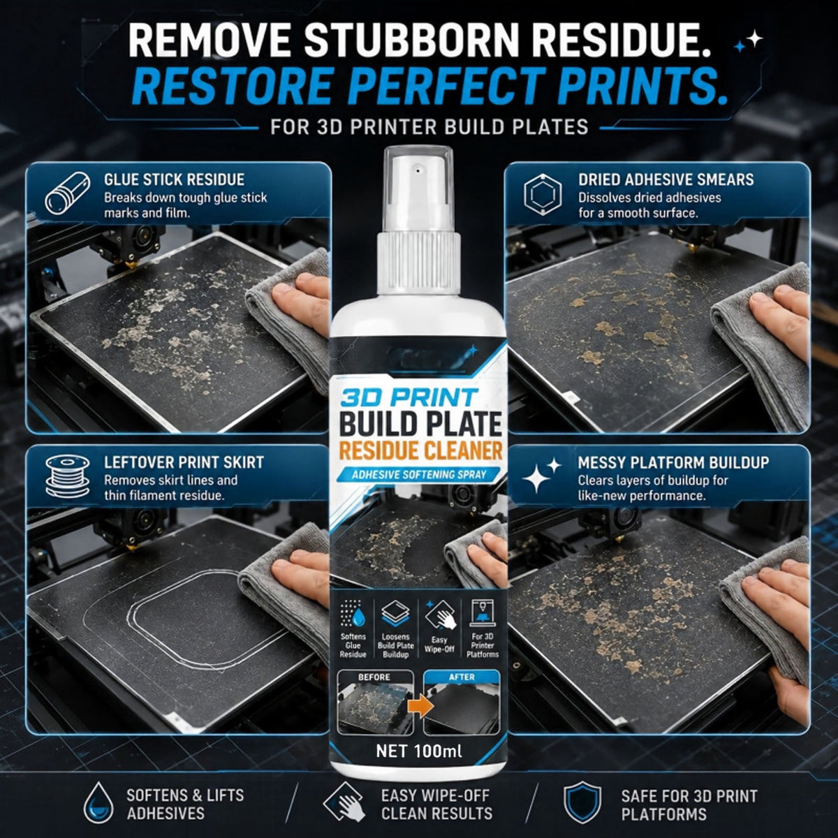 3D Printer Build Plate Cleaner Spray, 3.4oz Cleaning Agent that Removes Oil Residue And Fingerprints for PEI Glass Flex Plates 3D Printing Maintenance