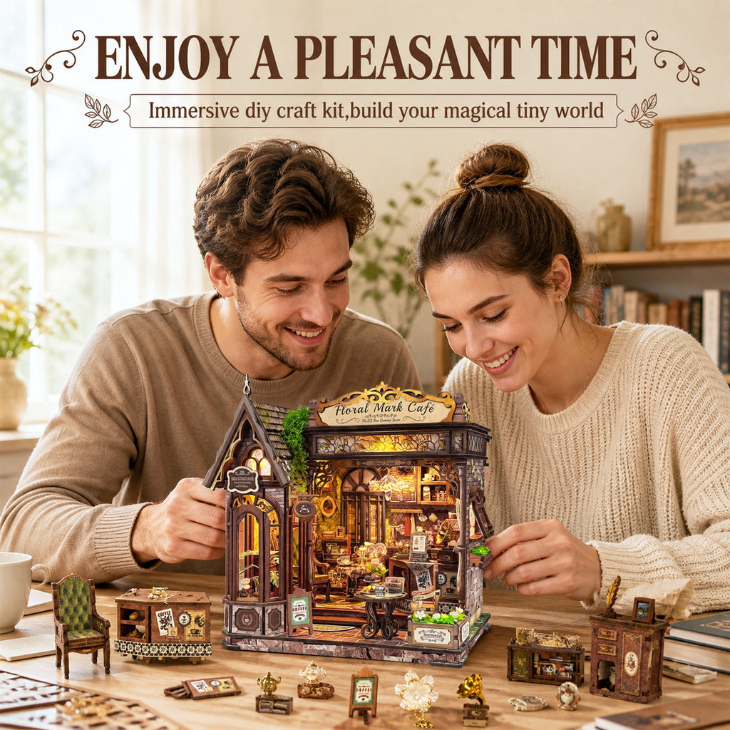 MOJINO Book Nook Kit for Adults, Floral Mark Cafe DIY Miniature House Kit with LED Light, 3D Wooden Puzzle Bookshelf Decor Craft Kit, 368 Pieces