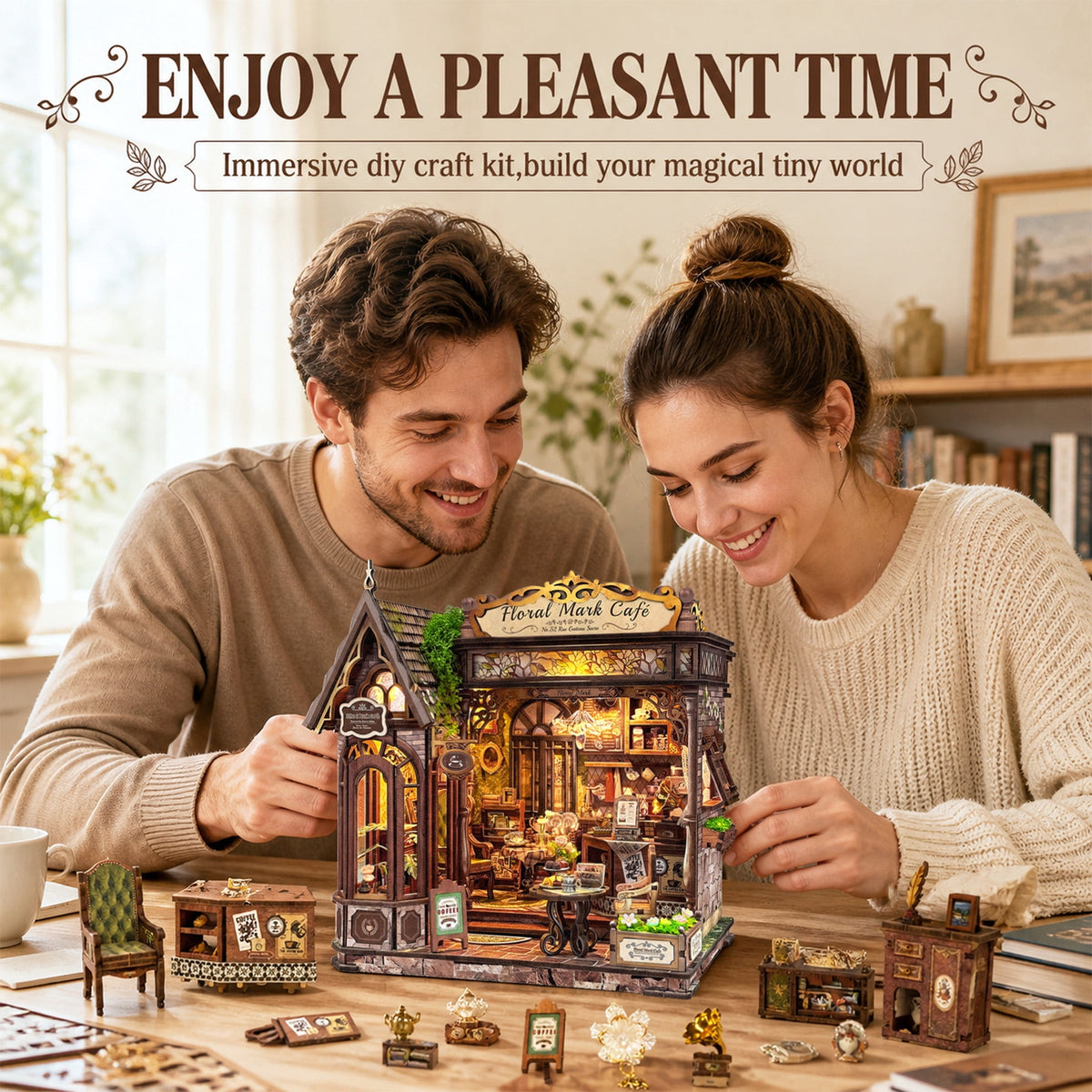 MOJINO Book Nook Kit for Adults, Floral Mark Cafe DIY Miniature House Kit with LED Light, 3D Wooden Puzzle Bookshelf Decor Craft Kit, 368 Pieces