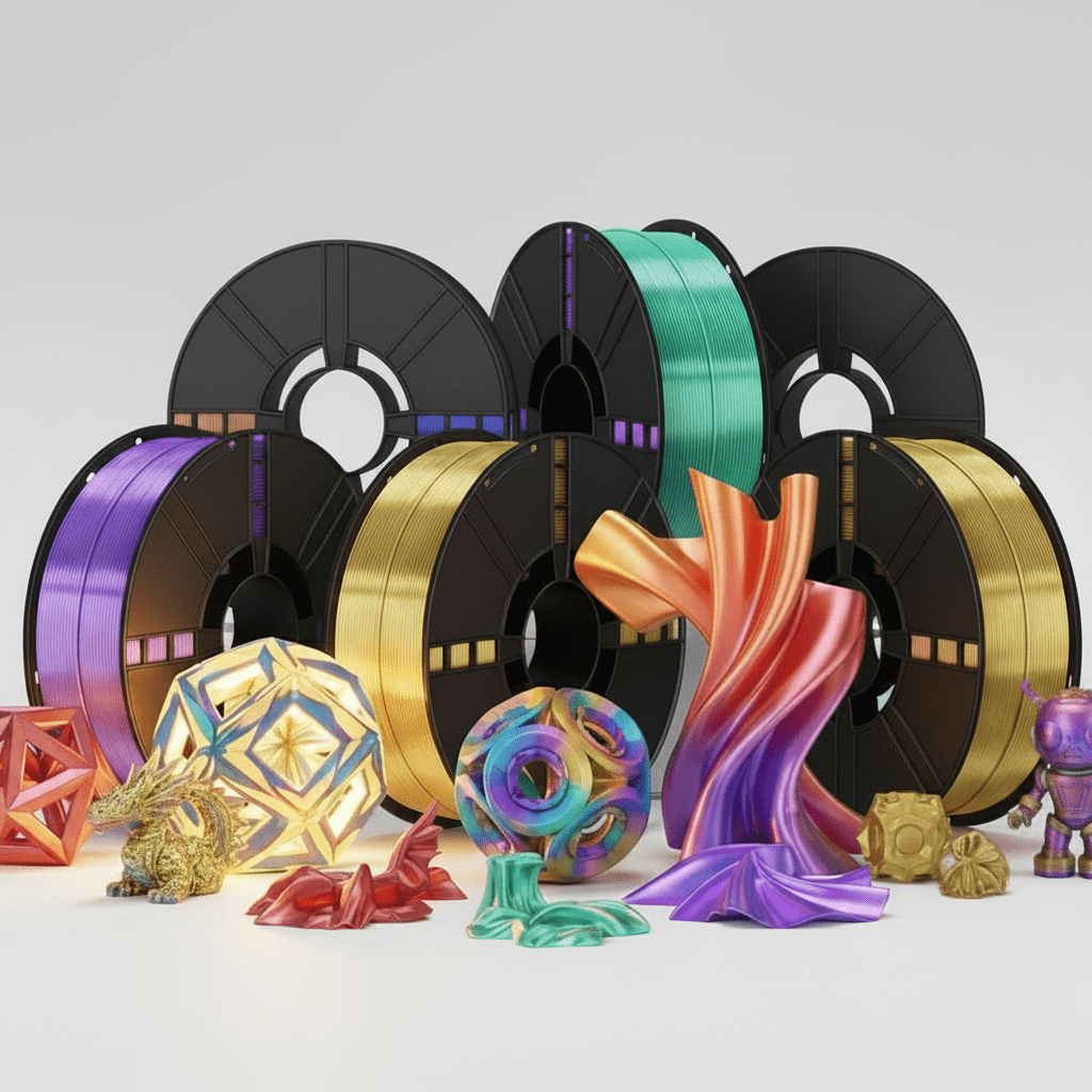 Premium Silk Tri-Color PLA 3D Printer Filament, 1.75mm, 1 kg (2.2 lb)Spools, Blue-Green-Gold Color