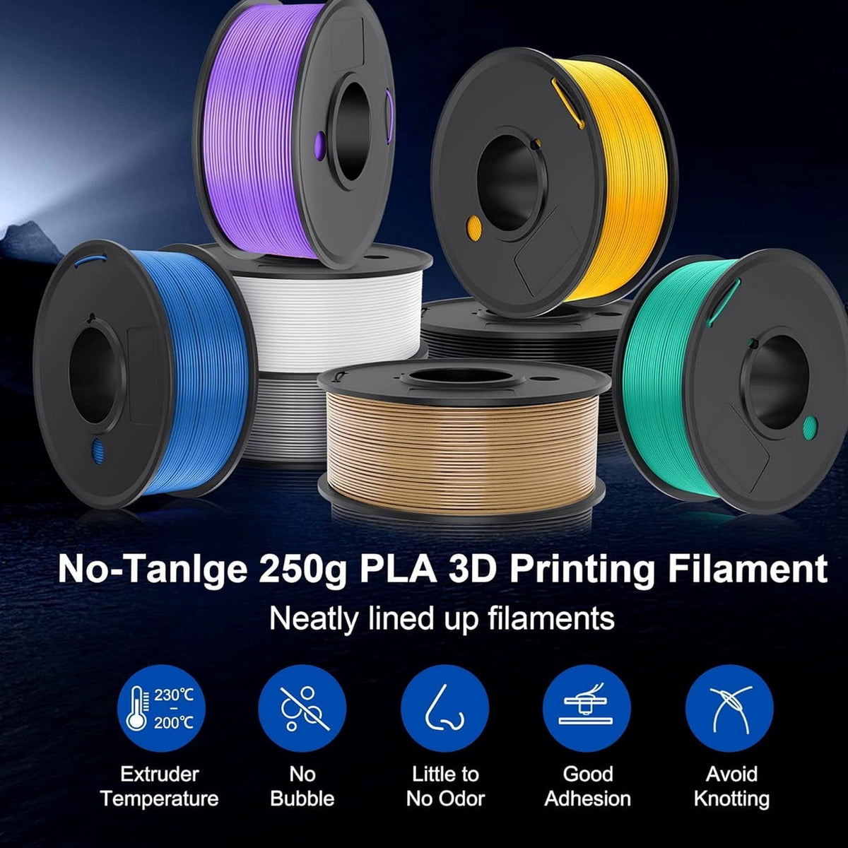 PLA 3D Printer Filament Bundle 8 Spools 250g Each 2kg Total 1.75mm Multicolor Black White Grey Red Blue Orange Green Transparent Individually Vacuum Packed, 3D Printing Filament Refill for 3D Pens