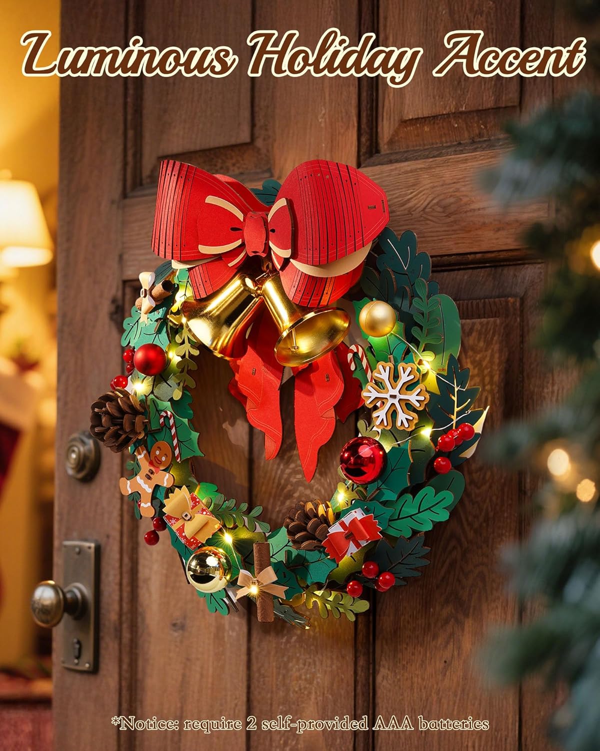 Rolife Christmas Wreath 3D Wooden Puzzle, DIY Holiday Decor with Red Bow, Pine Cones, Berries & Bells, Hanging Ornament for Door Window Fireplace, Creative Gift for Adults Family
