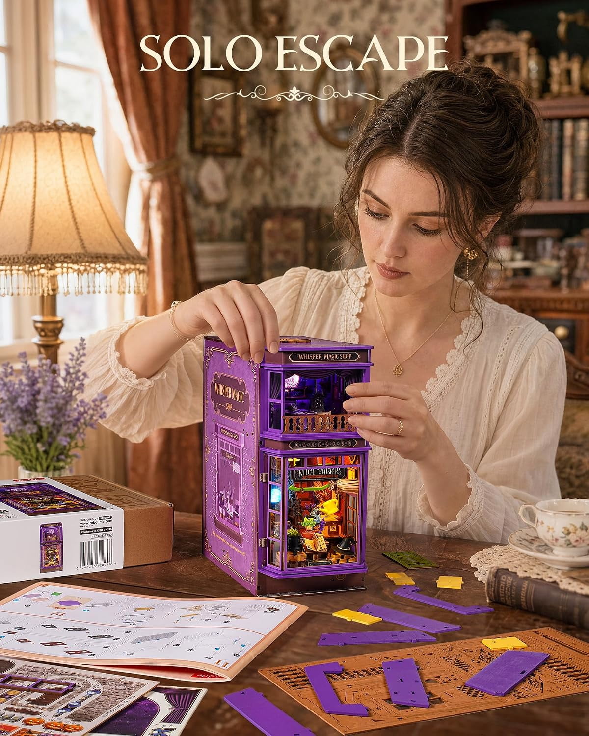 Rolife 442 Pieces Whisper Magic Shop with LED Light, 3D Wooden Puzzle Bookshelf Insert Decor for Adults and Book Lovers