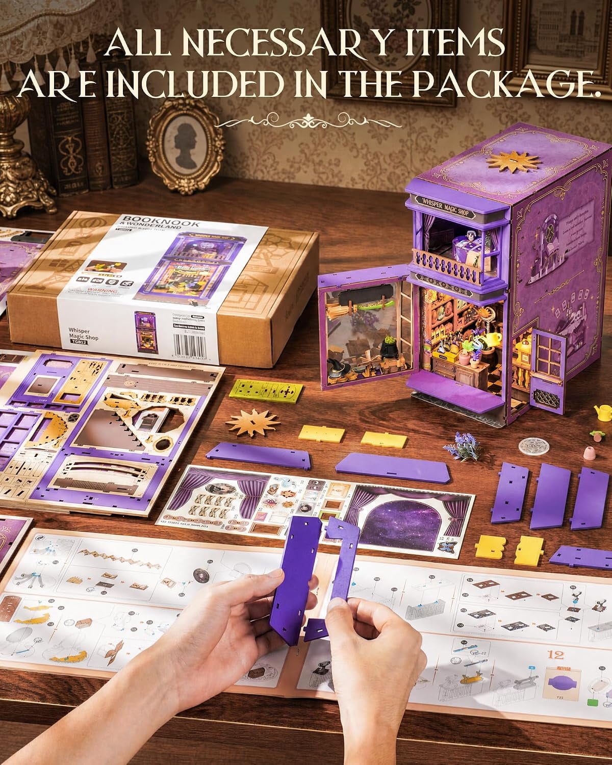 Rolife 442 Pieces Whisper Magic Shop with LED Light, 3D Wooden Puzzle Bookshelf Insert Decor for Adults and Book Lovers