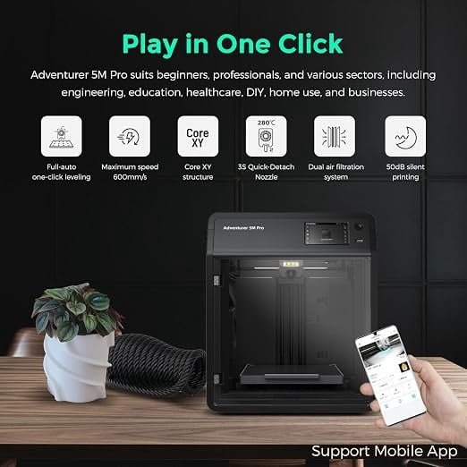 Adventurer 5M Pro 3D Printer, 600mm/s High-Speed, 280°C Quick-Detachable Nozzle, CoreXY All-Metal Structure, Auto Leveling, Dual Filtration, Enclosed Chamber, 220 × 220 × 220mm Build Volume