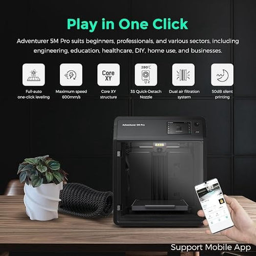 Adventurer 5M Pro 3D Printer, 600mm/s High-Speed, 280°C Quick-Detachable Nozzle, CoreXY All-Metal Structure, Auto Leveling, Dual Filtration, Enclosed Chamber, 220 × 220 × 220mm Build Volume