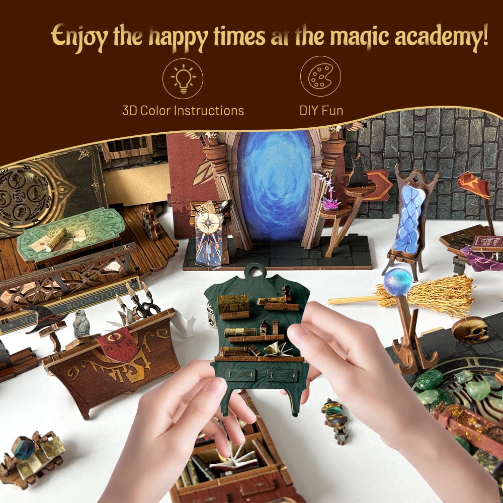 Strucwood DIY Book Nook Kit Magic Academy: 3-Color LED, Remote Control & Dust Cover, 3D Wooden Puzzle Gift for Adults（SQ-38）