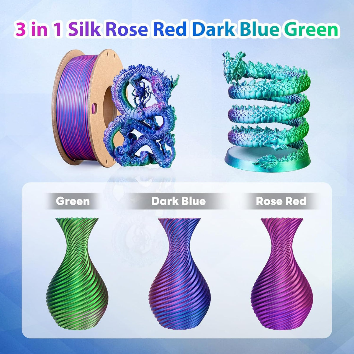 Multicolor 3D Printer Filament,Dual/Tri Color 1.75mm PLA Silk Shiny Printing Filament,250g(0.55lbs) Fit Most FDM 3D Printer