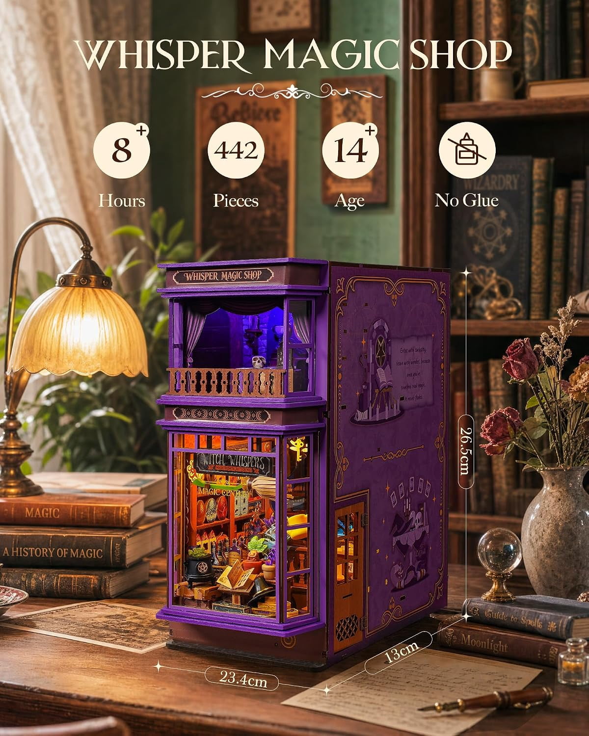 Rolife 442 Pieces Whisper Magic Shop with LED Light, 3D Wooden Puzzle Bookshelf Insert Decor for Adults and Book Lovers