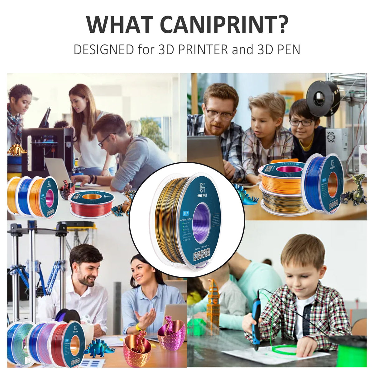 Geeetech Anti-silk type 3D Printer PLA Filament 1kg Toughness Enhanced Filament with 1.75mm Dimensional Accuracy +/-0.03mm, 1080 Feet per Roll, Vacuum Packaging Three-color blue, purple and black