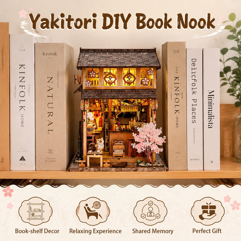 MOJINO Book Nook Kit for Adults, DIY Miniature House Kit Yakitori Grill House, 3D Wooden Puzzle with LED Light, Japanese Bookshelf Decor Craft Kit
