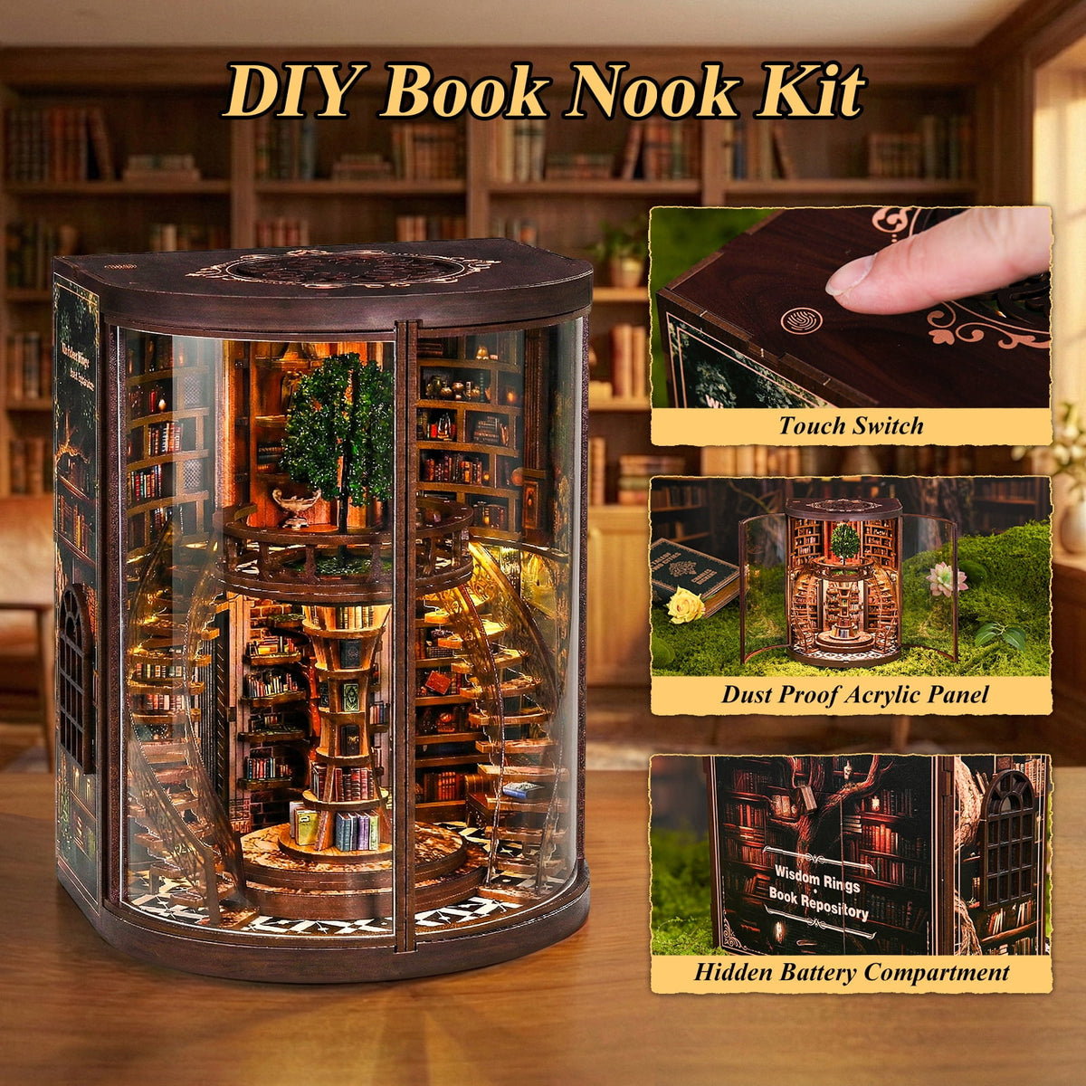 DIY Book Nook Kit for Adults, 3D Wooden Puzzle with LED Lights, Wisdom Rings Book Repository, Miniature Library Bookshelf Insert Bookend Decor