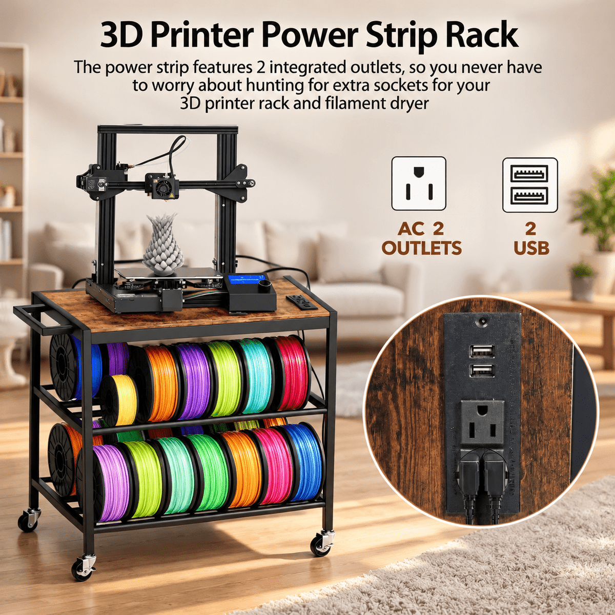 Rectangular Brown Heavy Duty Metal 3D Printer Table with Storage Drawer and Power Hub