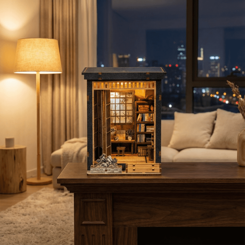 DIY Miniature House Kit, Book Nook Diorama Kit, 3D Wooden Puzzle Oriental Study Mini Scene Model with LED Lights, Wooden Assembly Decor for Desktop Display & Gift‑Giving