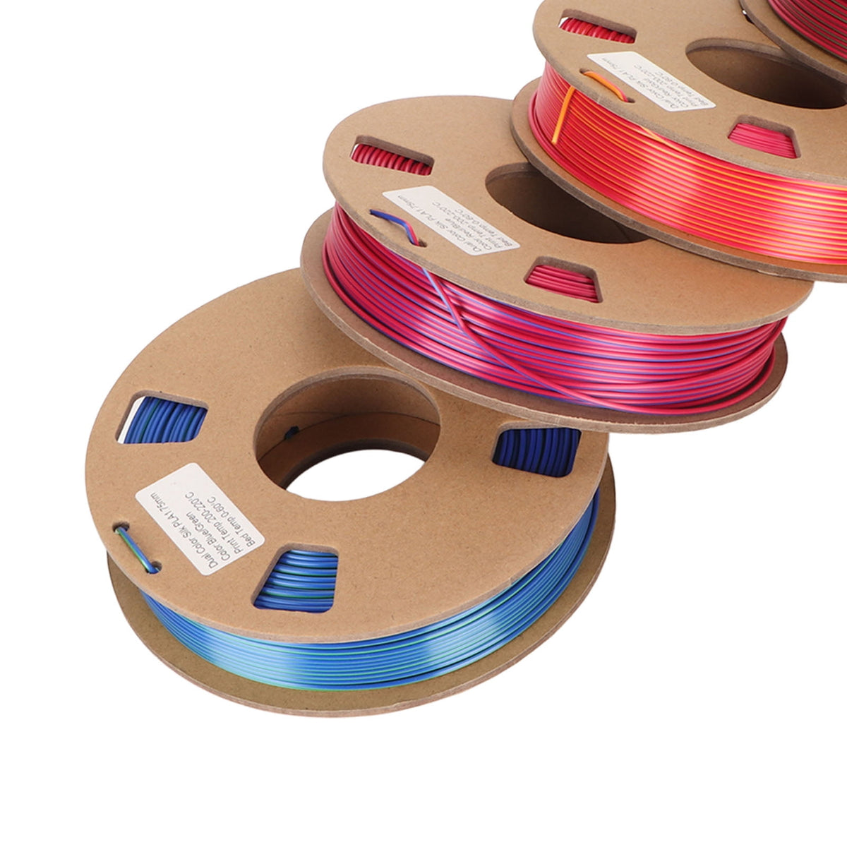4-Roll Silk Dual Color PLA 3D Printer Filament Bundle, 1.75mm Dimensional Accuracy, Color Changing Spools (Red/Gold, Red/Green, Red/Blue, Blue/Green), 250g per Spool