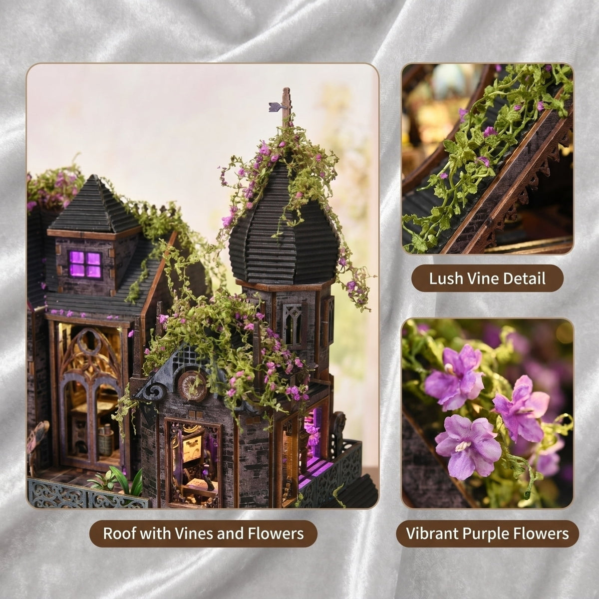 Dollhouse Kit for Adult Builders, DIY Magic Castle Gothic Witch Miniature House, 3D Wooden Puzzle Diorama with Touch‑Activated LED Lights and Music Box, Halloween Tabletop Display Gift