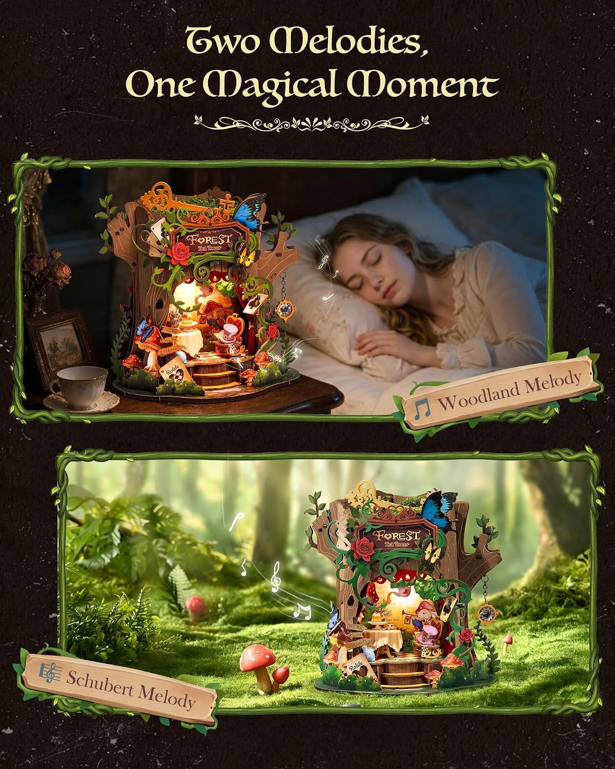 Rolife Forest Tea Party DIY Music Box, 3D Wooden Puzzle with Moving Table and Chair, Forest Tea Party Scene Decor for Adults