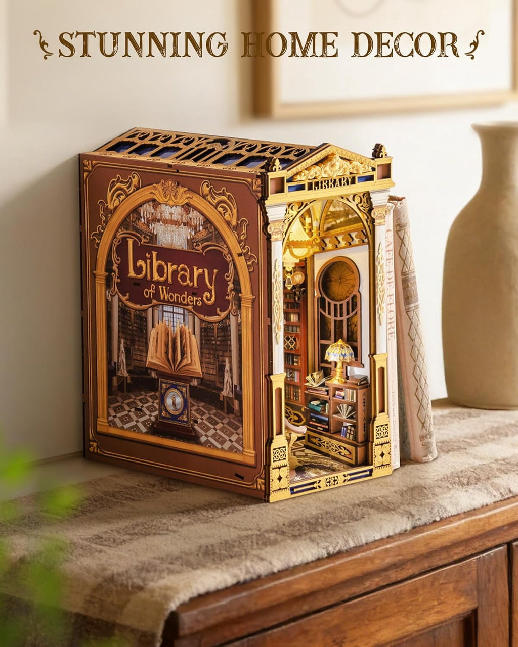 Rolife Library of Wonders 3D Puzzle Book Nook Kit, 10.4" Baroque Bookshelf Insert with Dual LED Lights, DIY Craft for Adults