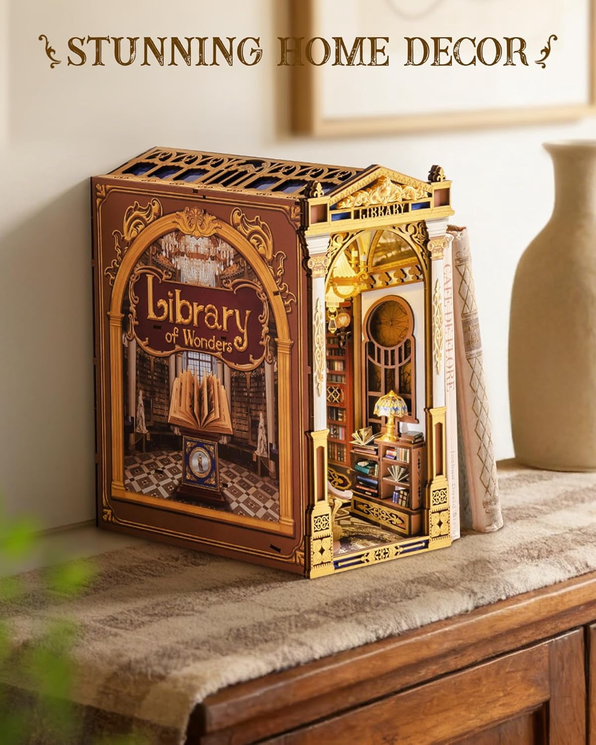 Rolife Library of Wonders 3D Puzzle Book Nook Kit, 10.4" Baroque Bookshelf Insert with Dual LED Lights, DIY Craft for Adults