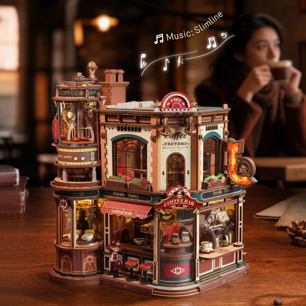 ROKR Dream Coffee Factory Music Box Wooden 3D Puzzle for Adult, LED Lights & Music Building Mechanical Model Kits Home Decor Xmas Gift